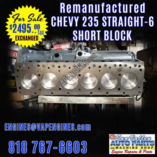Rebuilt remanufactured Chevy 235 Short Block engine for sale.